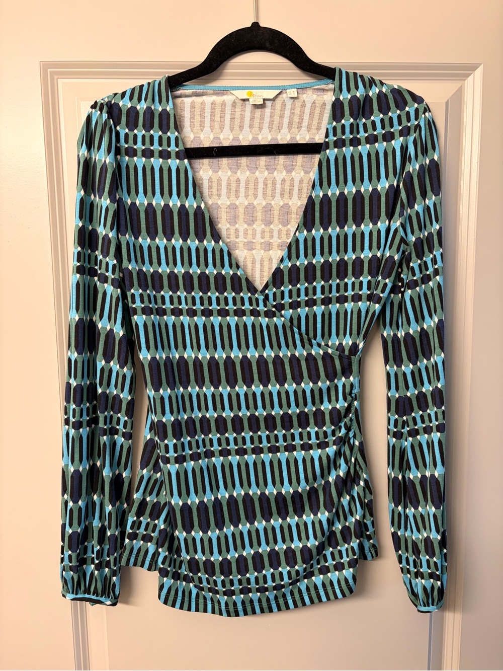 Boden Elodie Teal and Navy Geometric Wrap Long-Sleeve Top